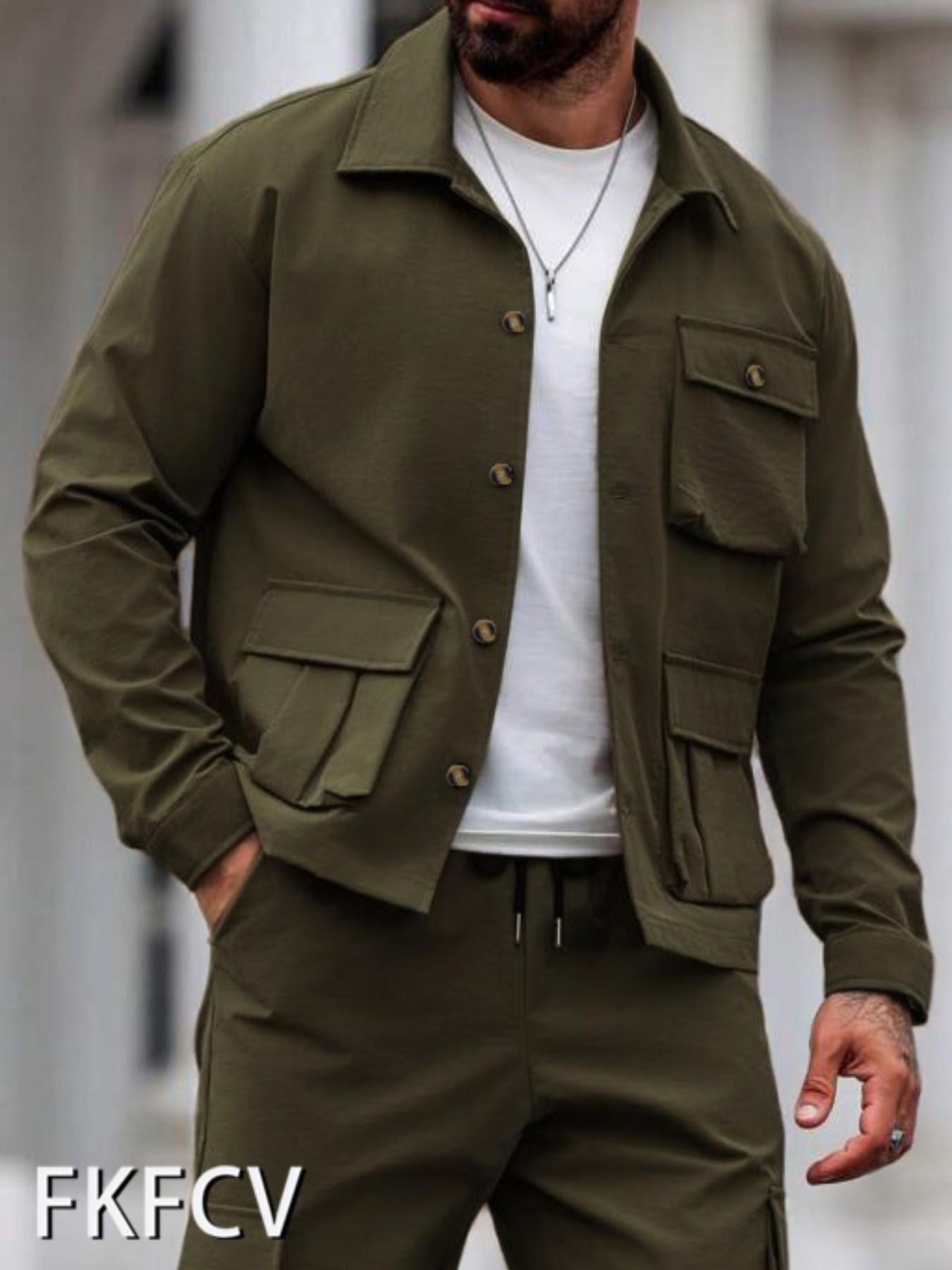 Fkfcv High-Quality Fabric Men's Jacket, Stylish Classic Long Sleeve Streetwear with Pockets, Perfect for Cold Autumn and Winter Seasons