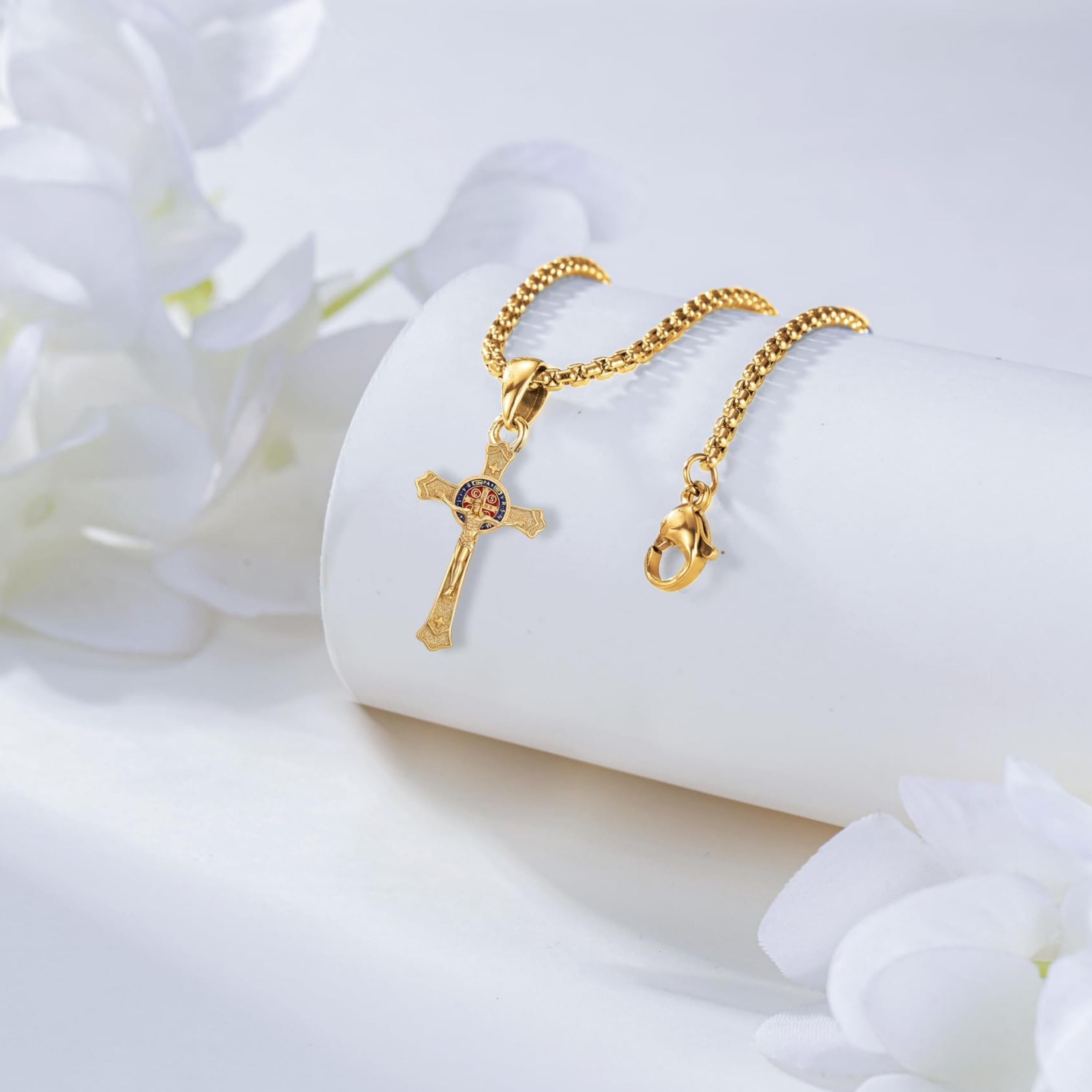 DRINSPER Saint Benedict Cross Necklace 925 Sterling Silver San Benito Pendant Necklace, Pardon Crucifix Necklace, Religious Jewelry for Men Women TikTokShopBlackFriday SpringStatements