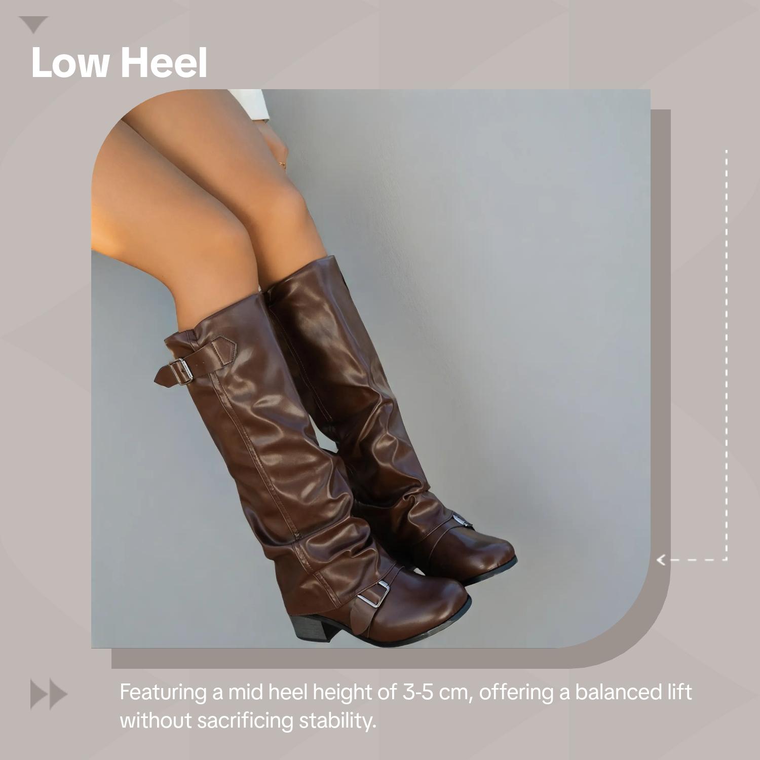 Women's Fashion PU Leather Low Heel Long Boots, Casual Wrinkle Leg Motorcycle Boots, Western Style Biker Boots for Ladies