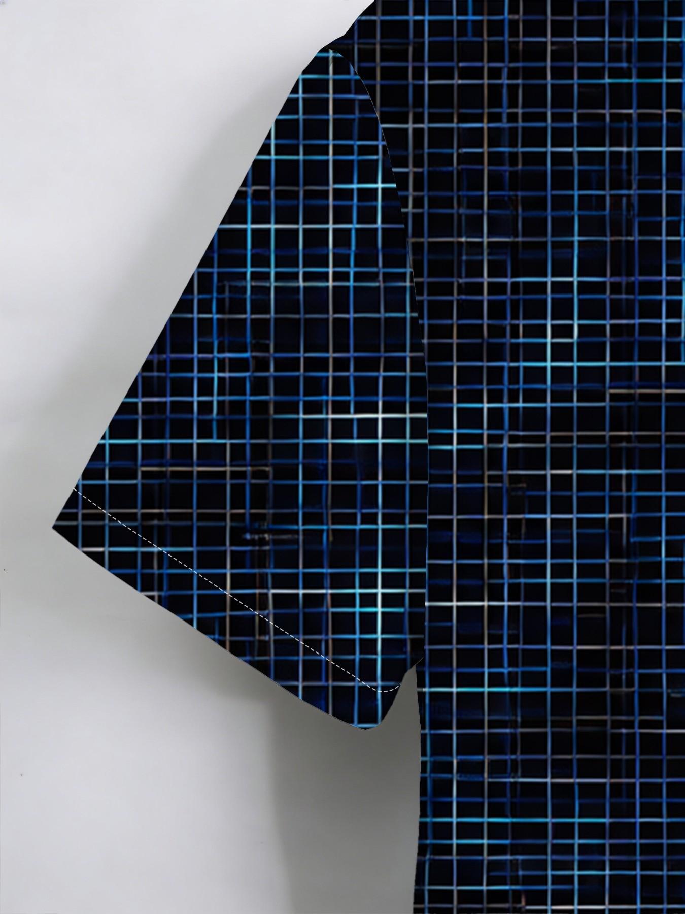 Large Size Men's Deep Sea Blue Plaid Shirt, Summer Loose Comfortable Breathable Shirt, Plus Size Business Casual Versatile Top