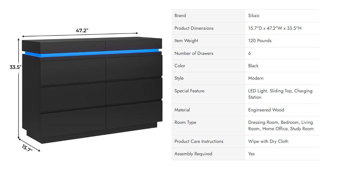 Sikaic Modern 6 Drawer Dresser with Sliding Desktop, Wide Chest of Drawers with Charging Station & LED Lights, Large Storage Tower Clothes Organizer, Black Dresser for Bedroom