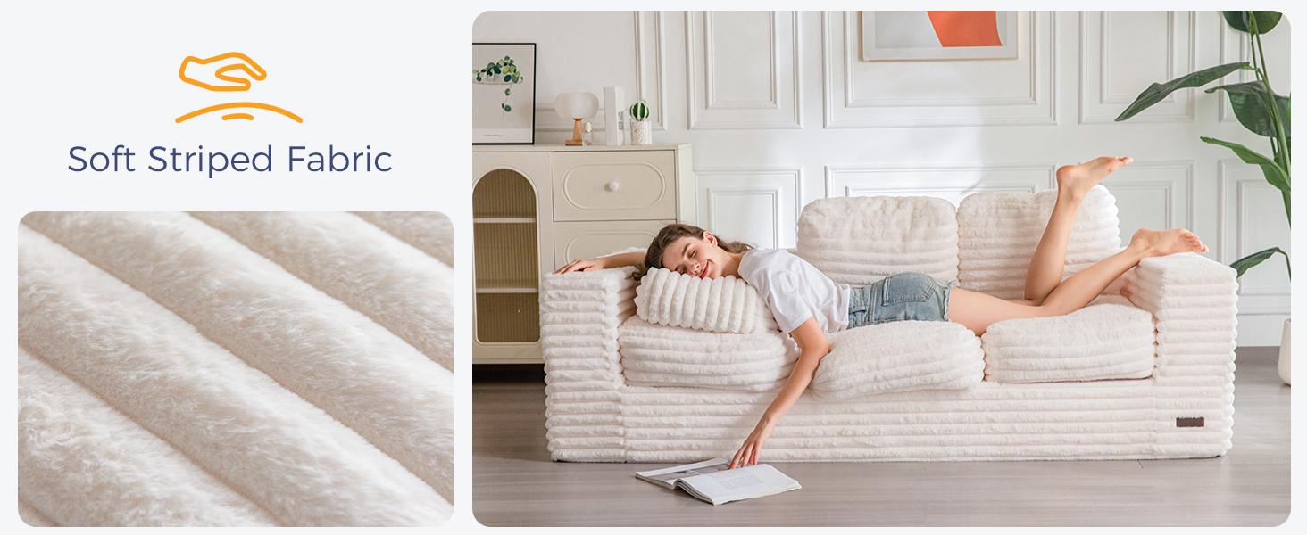 MAXYOYO 3-Seater Boneless Sofa Couch in a Box, Modern Faux Fur Sofa for Living Room, Soft High-Density Foam Couch with Pillows, Fluffy & Supportive Chair Lounge, No Assembly Required