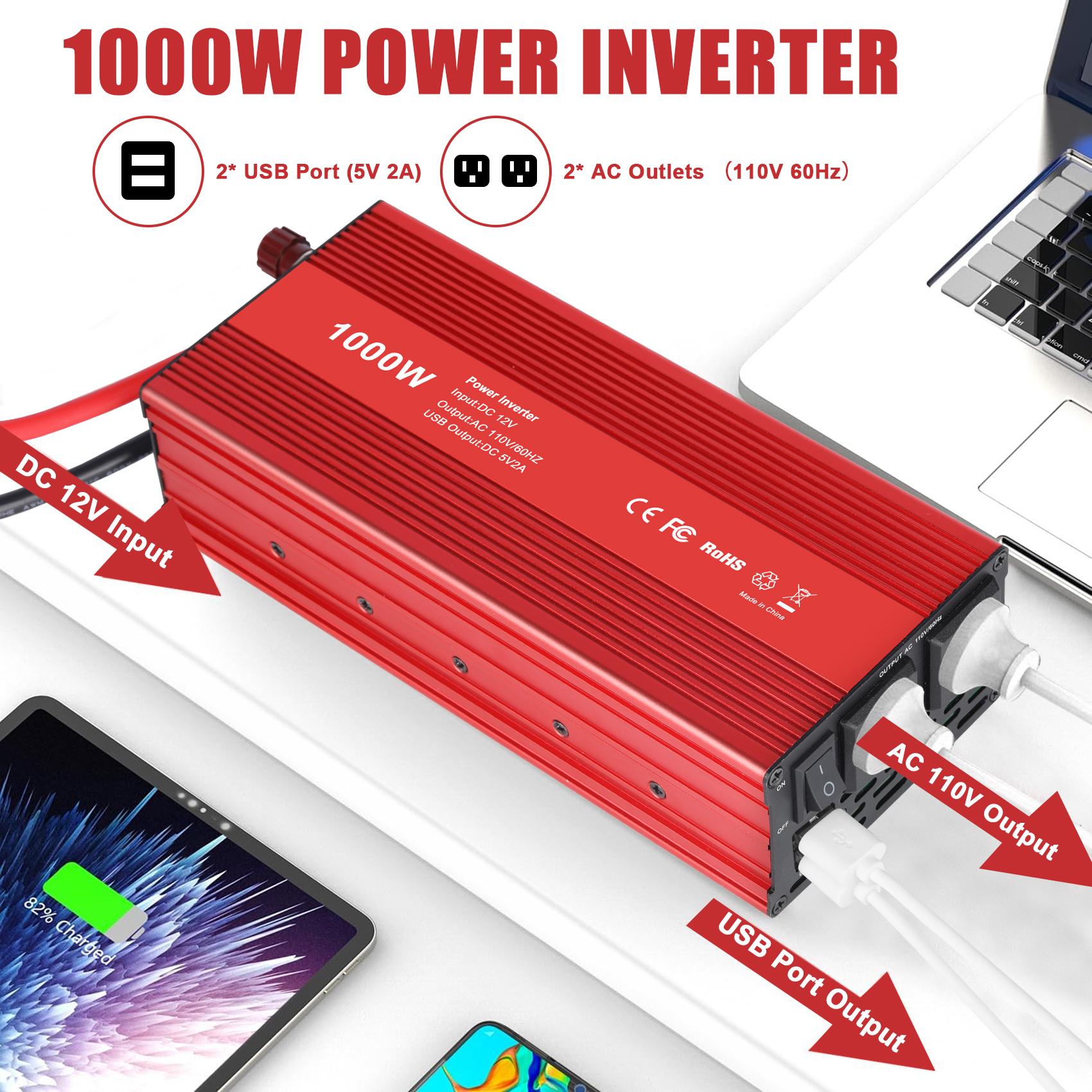KUNLUN 1000W/1500W Peak Car Power Inverter | 12V DC to 110V AC Converter with Dual AC Outlets & USB Ports – Ideal for Boats, Off-Grid Systems, Solar Power, and Outdoor Travel Portable Socket Safety