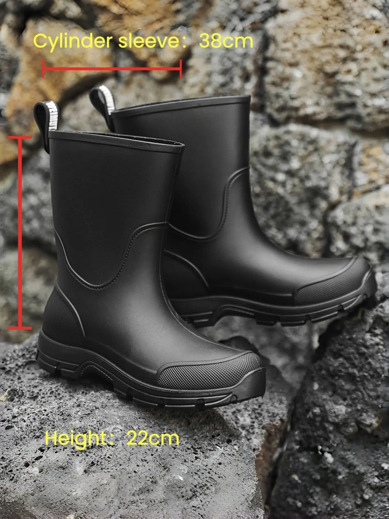 Women's Dark Grey Matte Mid Calf Rain Boots, Reinforced Toe Anti-Slip Thick Sole Outdoor Waterproof Rubber Wellies