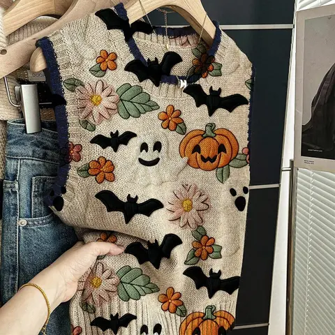 Spring Summer Casual Loose Round Neck Sleeveless Knit Top Printed Sleeveless Loose, Deep Blue Trim Halloween Print Women's Jacket, Perfect for School & Outdoors