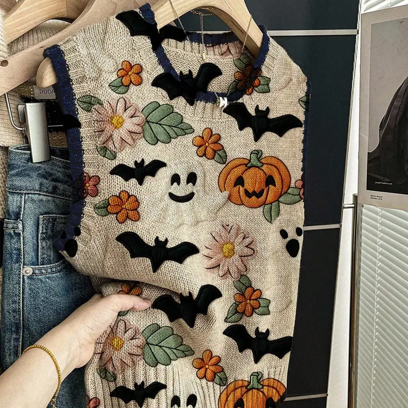 Spring Summer Casual Loose Round Neck Sleeveless Knit Top Printed Sleeveless Loose, Deep Blue Trim Halloween Print Women's Jacket, Perfect for School & Outdoors