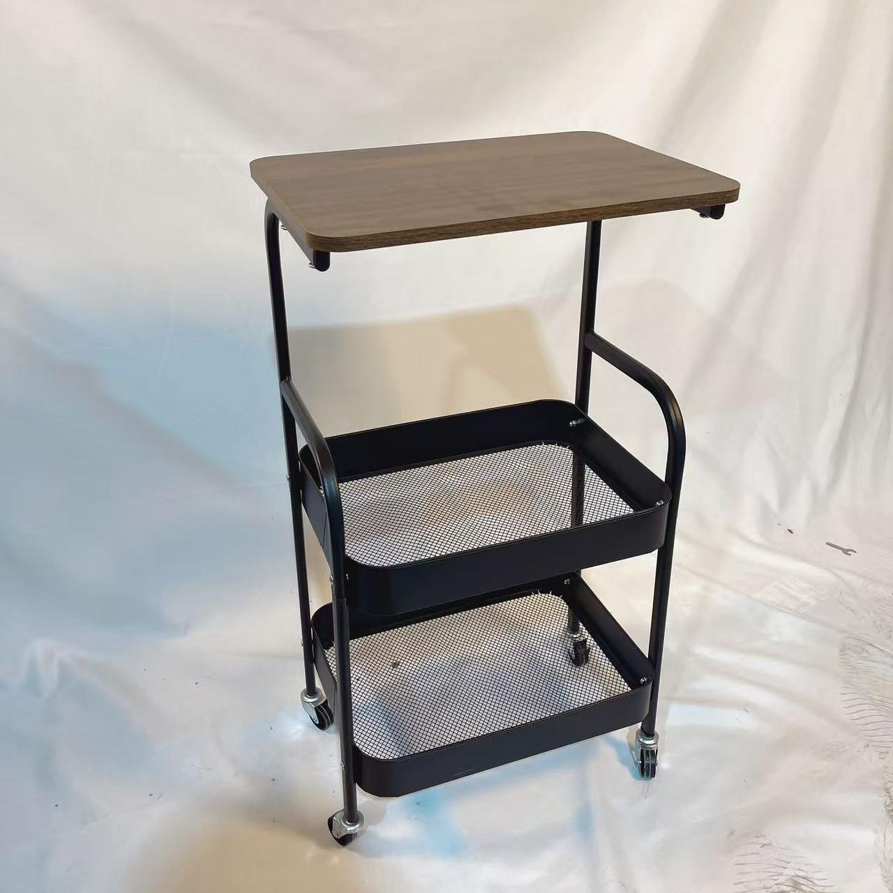 Three-Tier Rolling Cart with Desktop, Storage Shelf, Metal Frame, Portable Wheels, Durable Carbon Steel, Home or Office Use