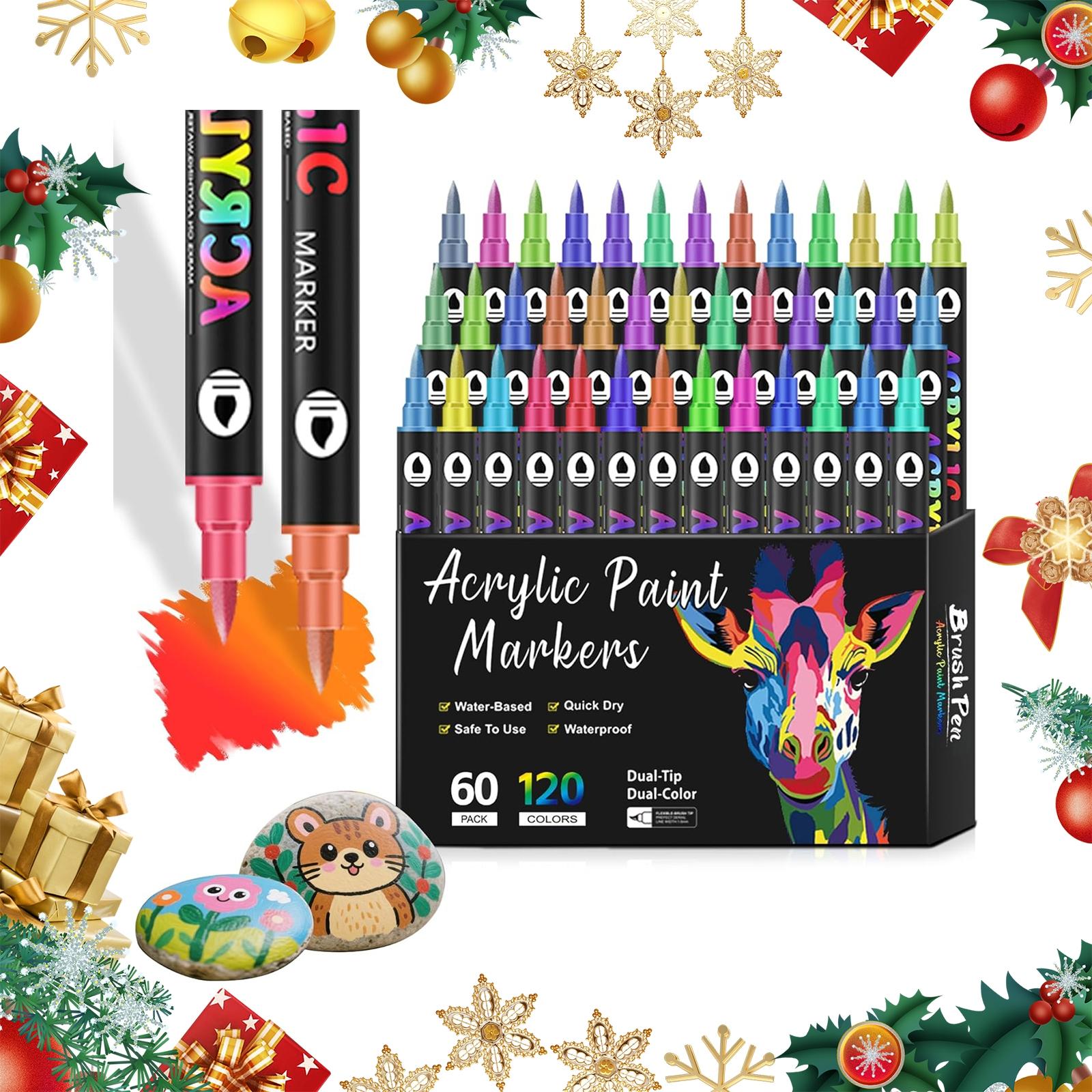 Acrylic Paint Markers Set, 96/120 Colors Dual Tip, Acrylic Brush Marker, DIY Art Supplies for Rock Painting, Canvas, Wood, Crafts, Back-To-School, Christmas Gift