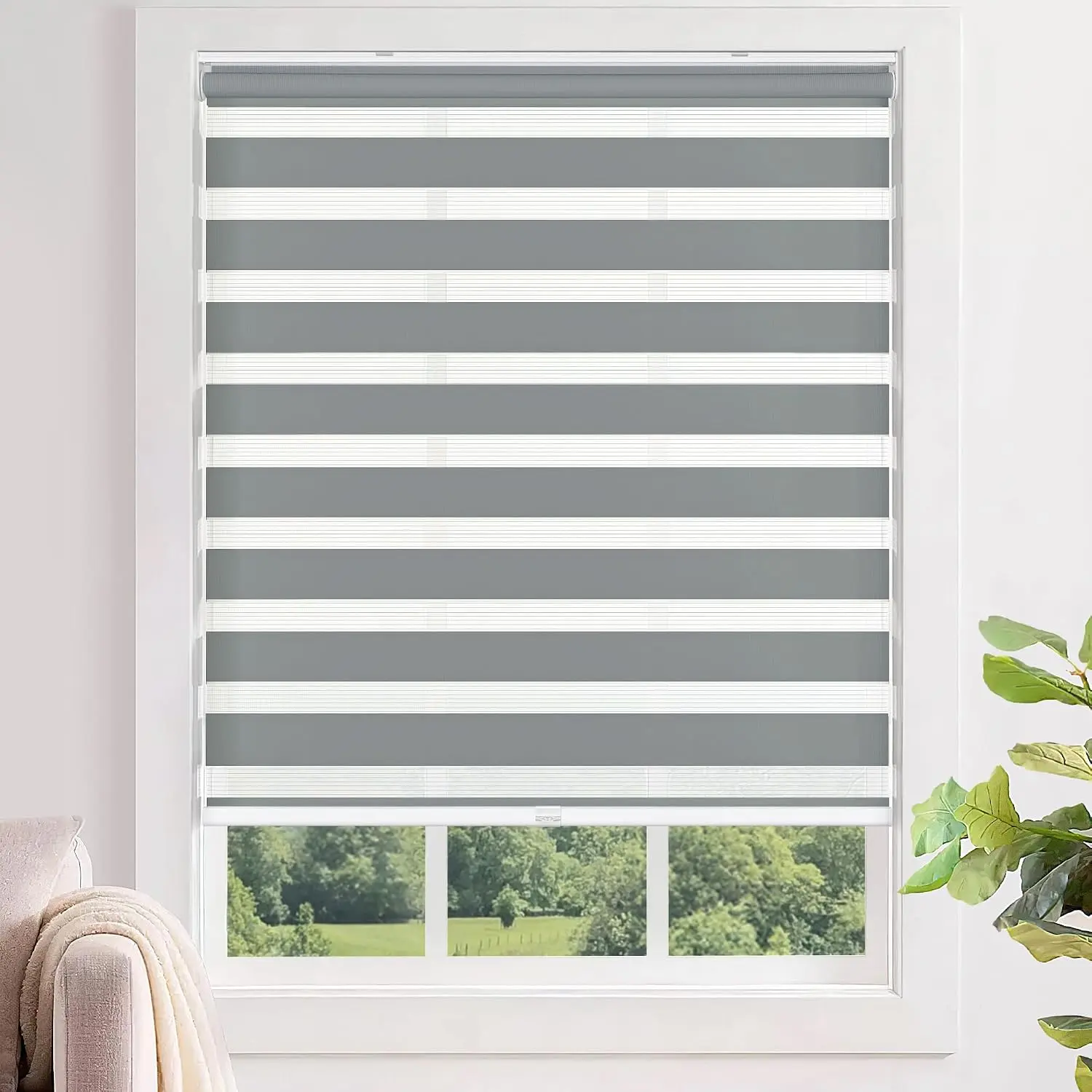 Cordless Zebra Blinds 20x48, Grey - Dual Layer Light Control Roller Shades for Home, No Tools No Drill