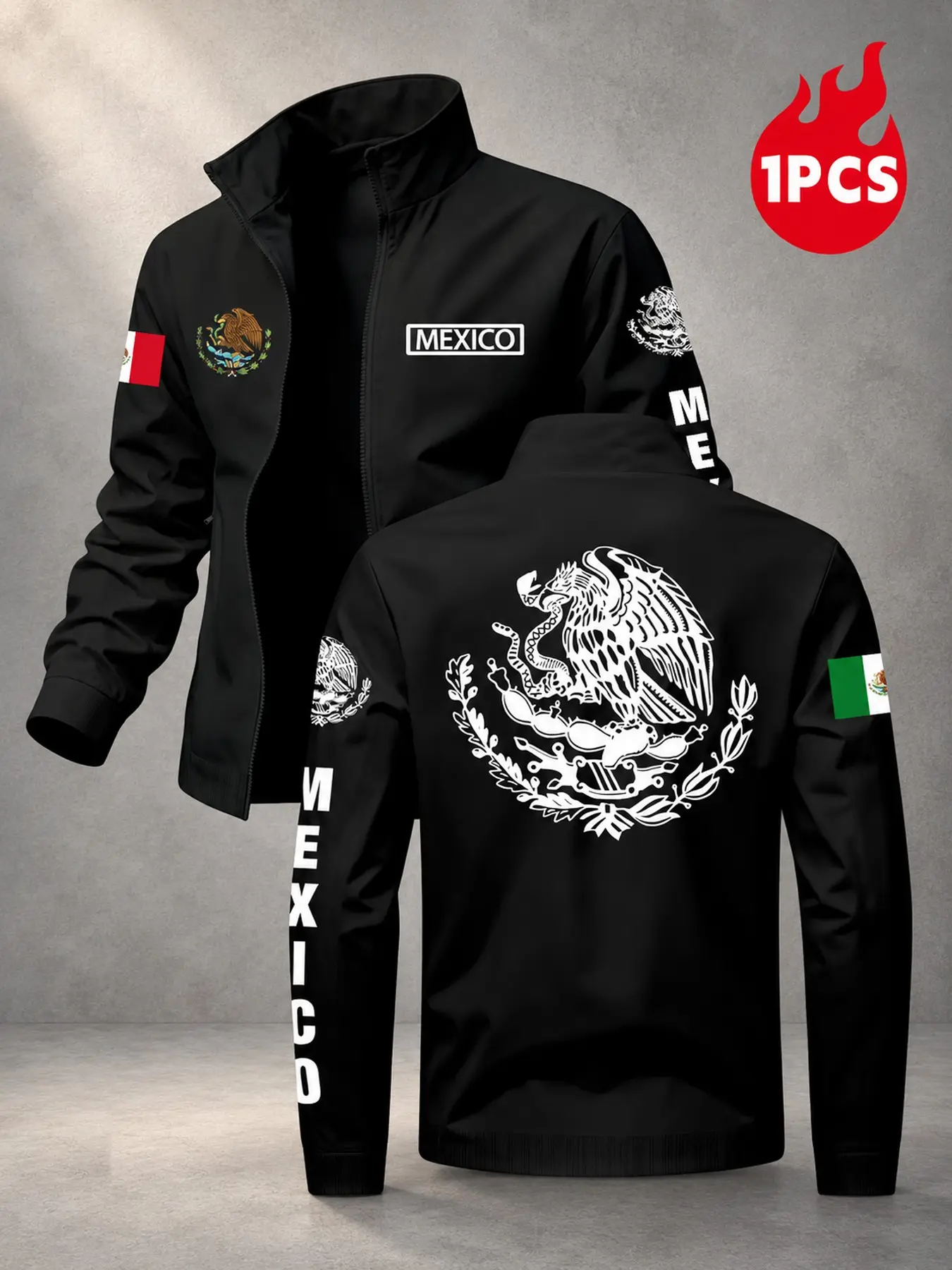 Men's Mexico Eagle Emblem Stand Collar Zipper Jacket, Casual Print Outerwear, Windproof Fall Winter Coat, Daily Wear, Sports, Gift