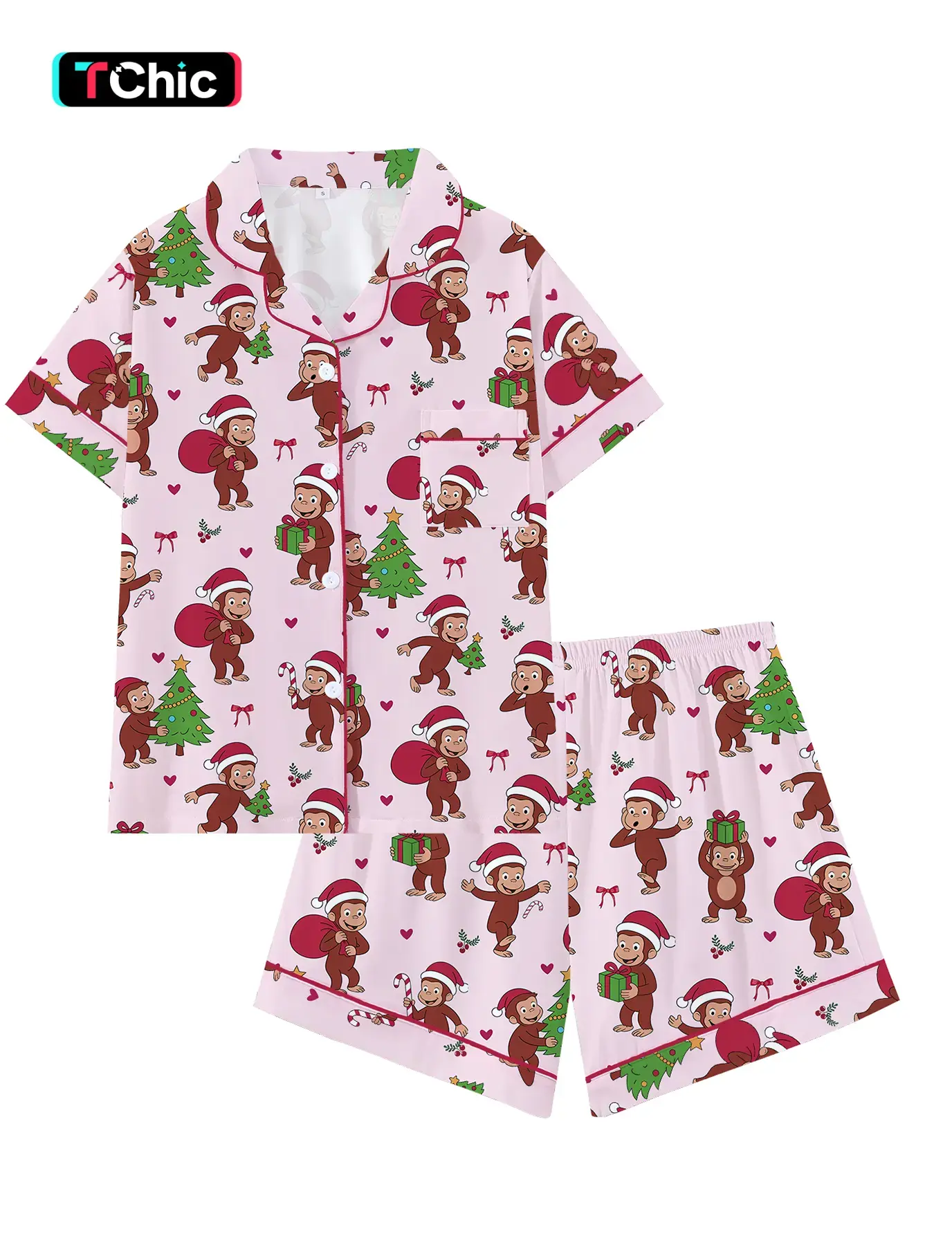 Teen Girls Monkey Cute Bow Collar Short Sleeve Cartoon Print Pajama Set, Comfortable Sleepwear, Christmas Gift, Loose-Fitting, All Seasons, Pastel Cute Pajamas