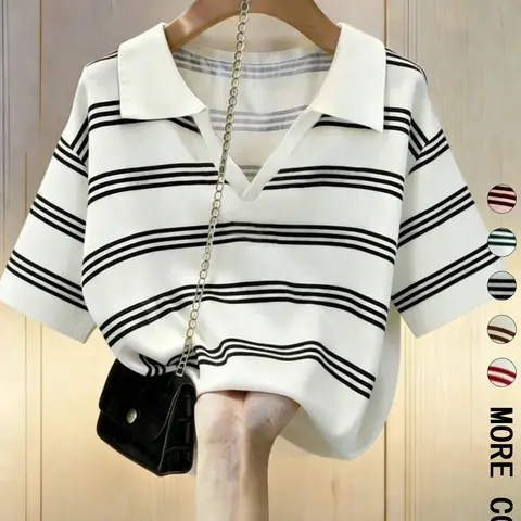 Women's Vintage Striped Lapel Top, Fashionable Blouse, Short Sleeve Drop Shoulder Loose Summer Shirt, Comfortable and Stylish Casual Wear