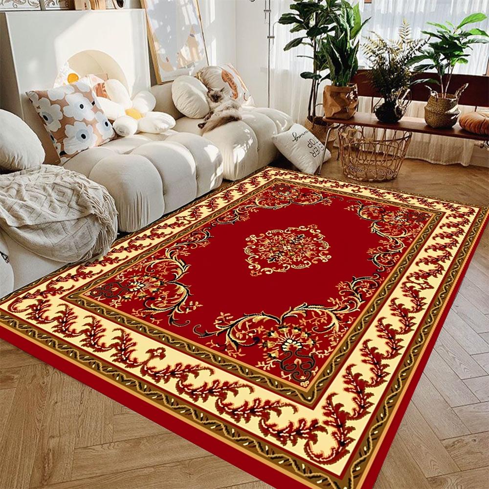 Luxury Red Gold Persian Style Floral Flannel Area Rug - Vintage Oriental Arabesque Print Soft Mat for Living Room, Non-Slip Traditional Home Decor#PersianStyleRug #RedGoldFloralMat #OrientalArabesqueDecor #TraditionalCarpet #NonSlipFlannelRug