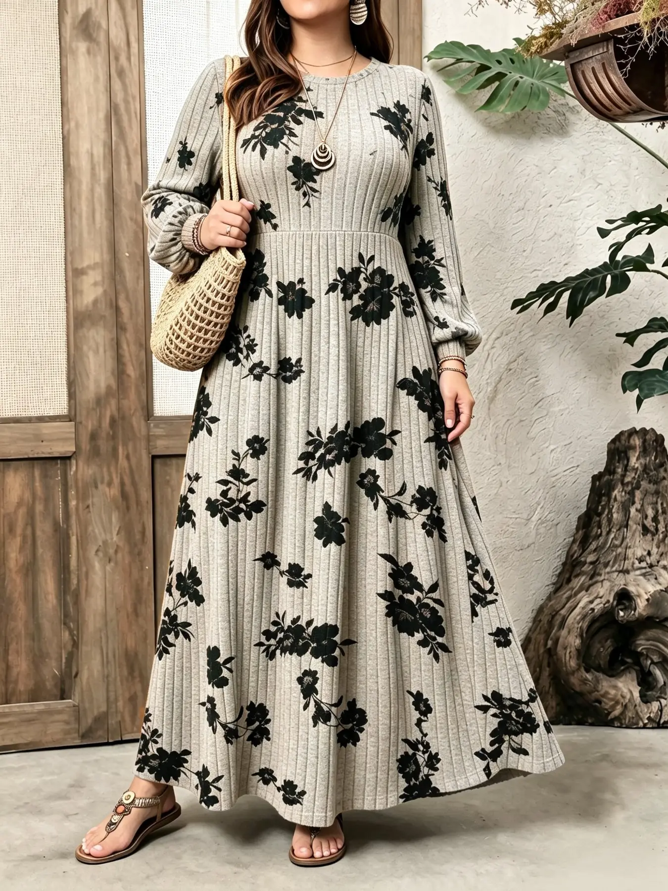 【Black Friday】Plus Size Women's Fall Winter Round Neck Floral Dress, Vintage Long Sleeve High Waist A-Line Dress, Casual Office Wear, Business Casual Dresses