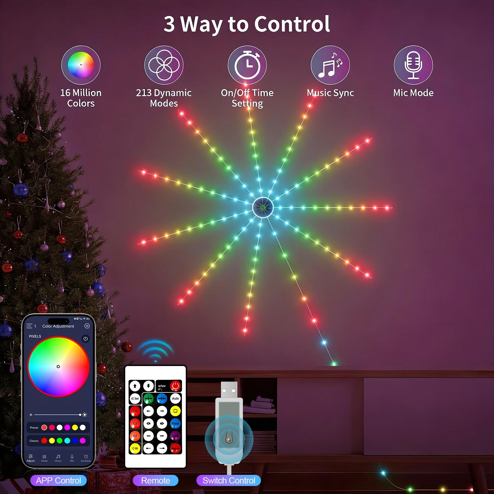 USB RGBIC Smart Fireworks LED Strip Lights, Music Sync Sound Activated Color Changing Atmosphere Lamp, Remote & Bluetooth APP Control Decor Light for Bedroom Bar Home Christmas Eid Party Indoor Decor
