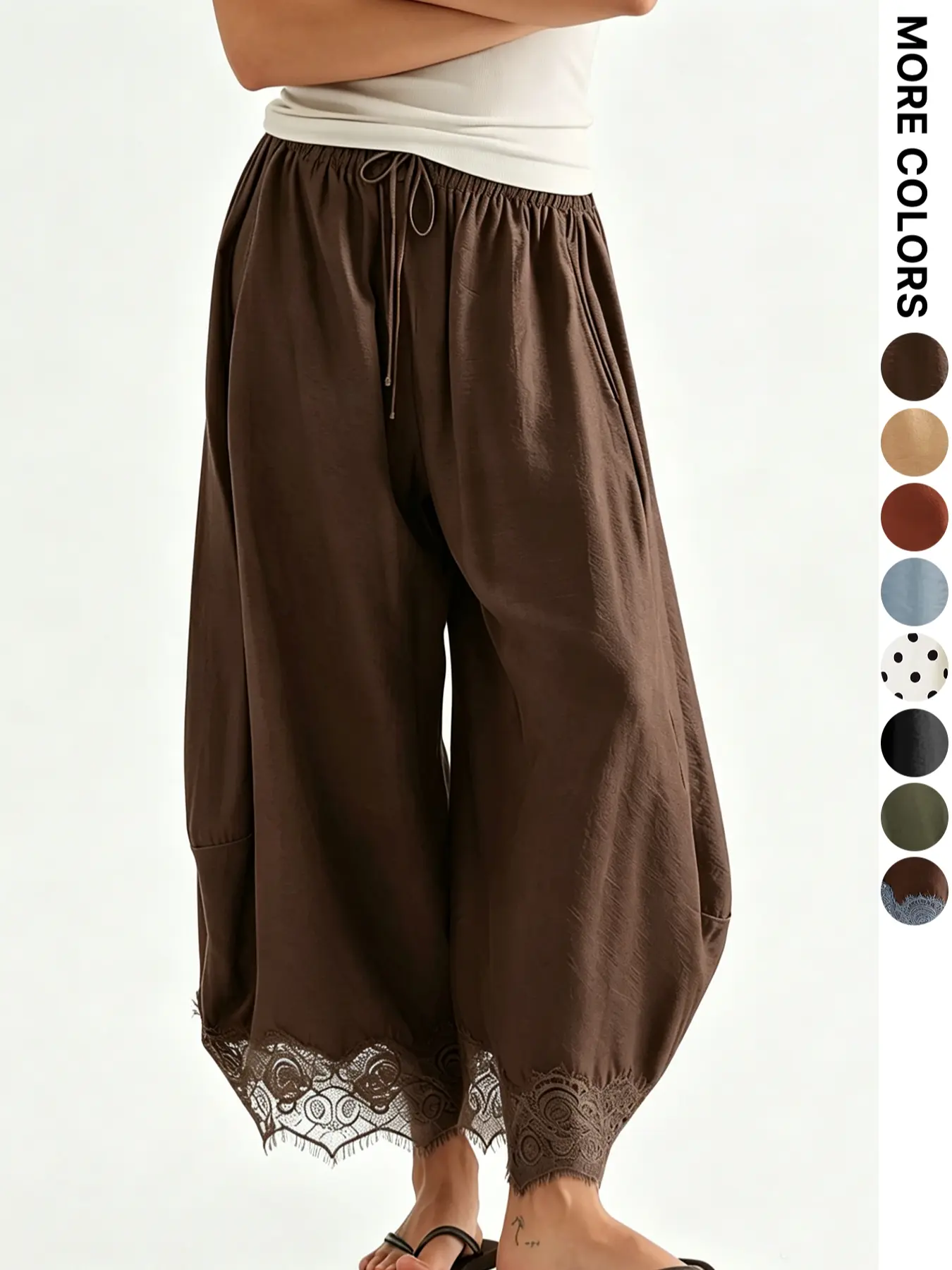 Lace Trim Wide Leg Pants,pumpkin pants, Millennial Retro Sweet Style Elastic Waist Drawstring Long Pants, Loose Fit Daily Casual Streetwear Lightweight Women's Trousers