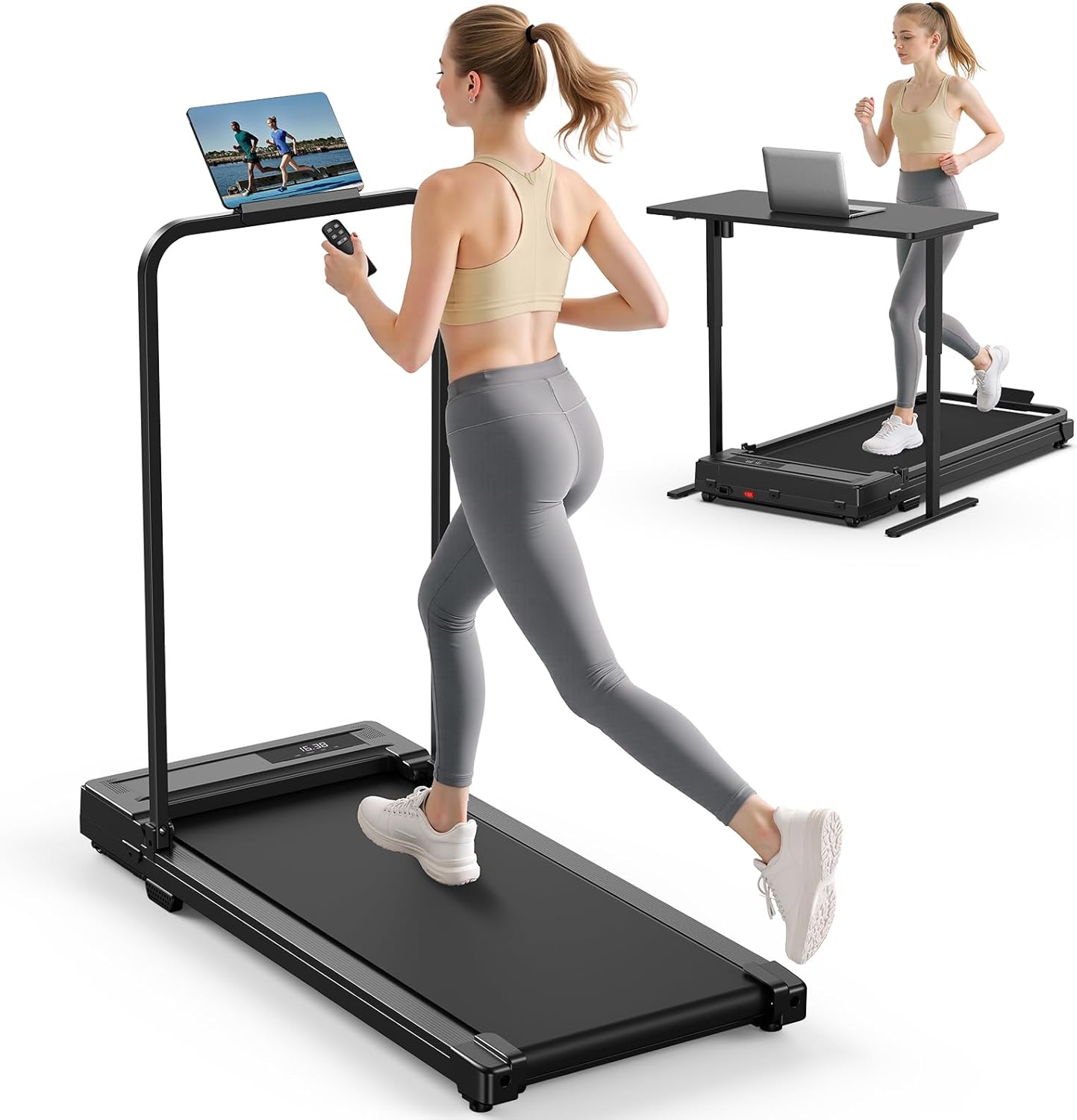 Folding Walking Pad Treadmill with Handlebar - Electric Quiet Compact for Home/Office, 5-Layer Belt Safe, Max Weight 264lbs, Portable Under Desk/Under Bed Small Space Walking Jogging Machine