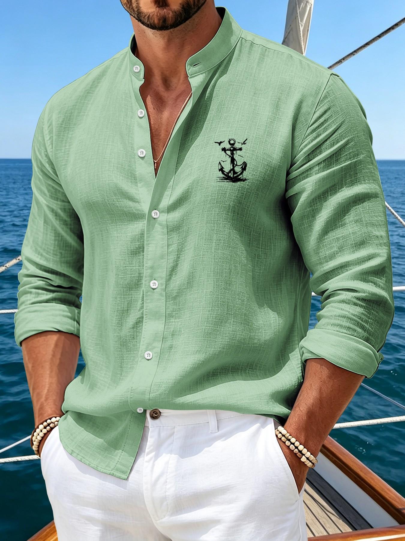 Men's Fashion Business Casual Long Sleeve Shirt with Anchor Print and Faux Linen Look, Slim Fit for Autumn and Spring Office Wear, Versatile Daily Attire