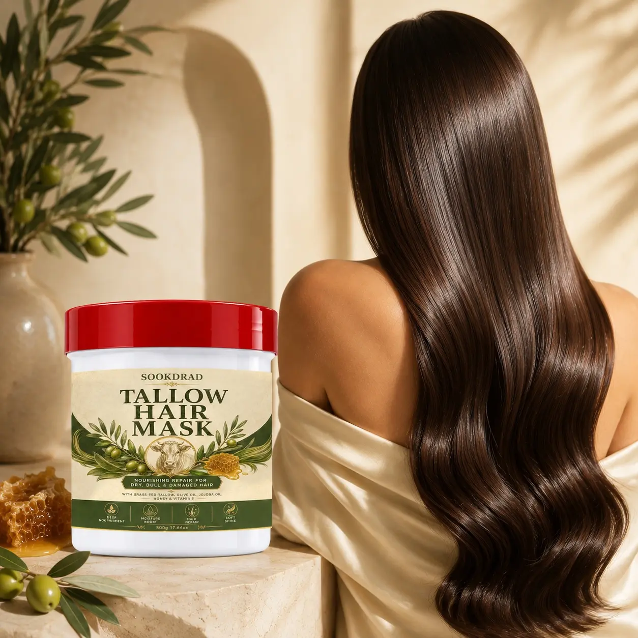 Tallow Hair Mask, containing grass-fed tallow, olive oil, jojoba oil, honey, vitamin E, deep nourishment, moisture boost, hair repair, soft shine, for dry dull damaged hair, 17.64oz, 500g