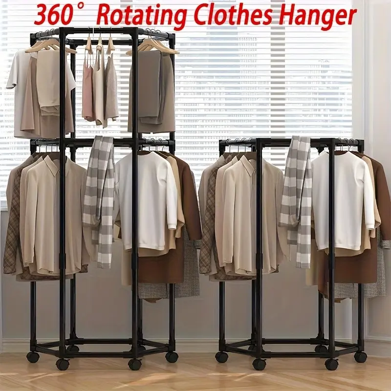 Hexagonal Rotating Garment Rack with Wheels - Heavy-Duty Freestanding 360-Degree Spinning Hanger for Laundry Room, Space-Saving Mobile Clothing Display, Sturdy Metal Frame for Home Storage & Retail Use, Portable Wardrobe