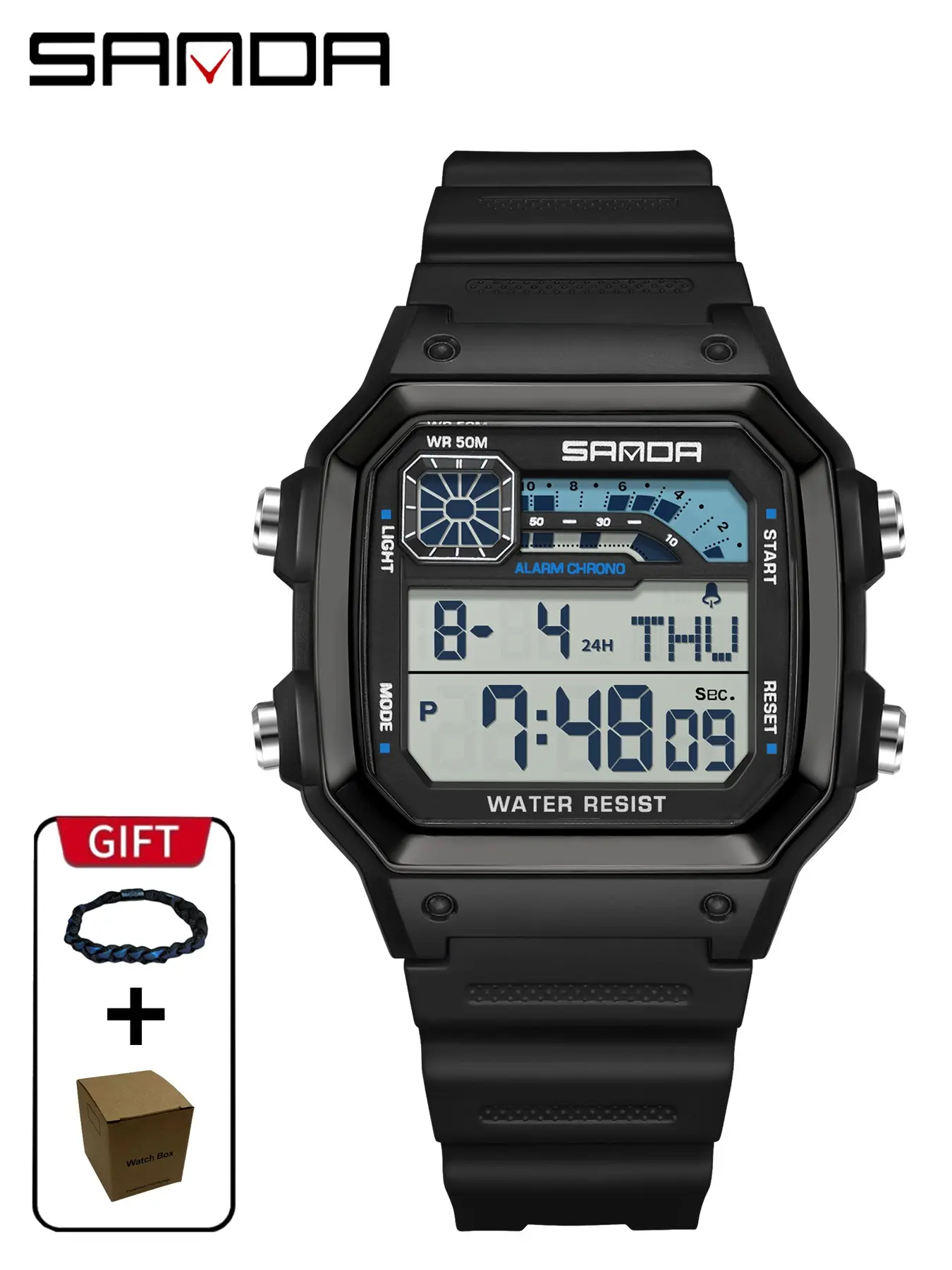 Sanda 6196 Retro Square Electronic Watch, Unisex Sporty Digital Watch, 50m Waterproof, Night Glow Display, Multi-Function Outdoor Sports Watch Gift Woven Hand Rope+Box