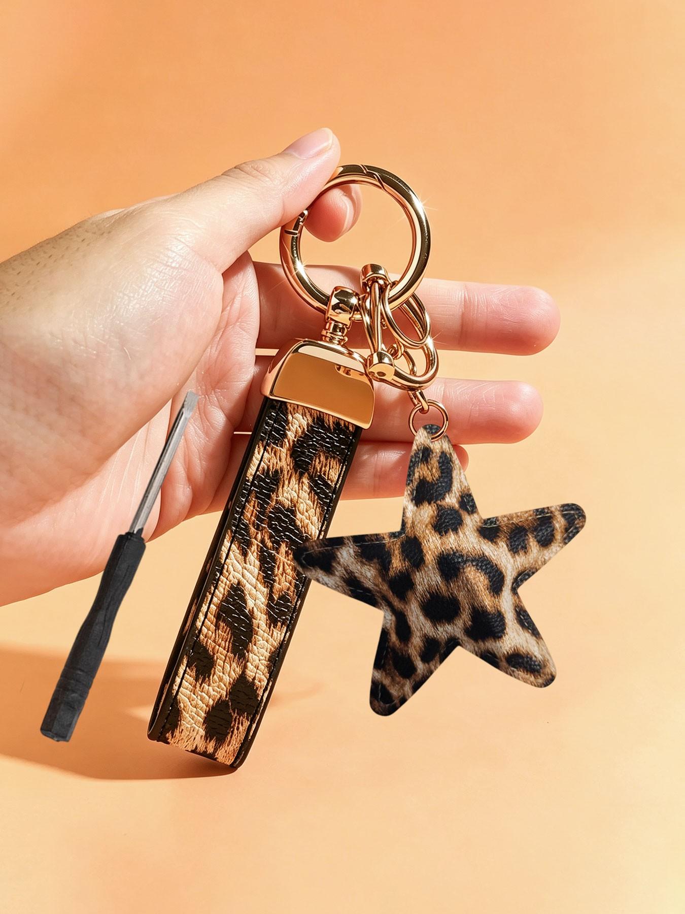Leopard Print Heart/Star Purse Charm Bag Keyring & Leopard Print Car Key Fob Lanyard with Anti-Lost D-Ring Faux PU Leather Keychain Car Key Holder Strap Animal Cheetah Print Car Key Handbag Charms Bag Pendant Backpack Automotive Accessories Couple Gift