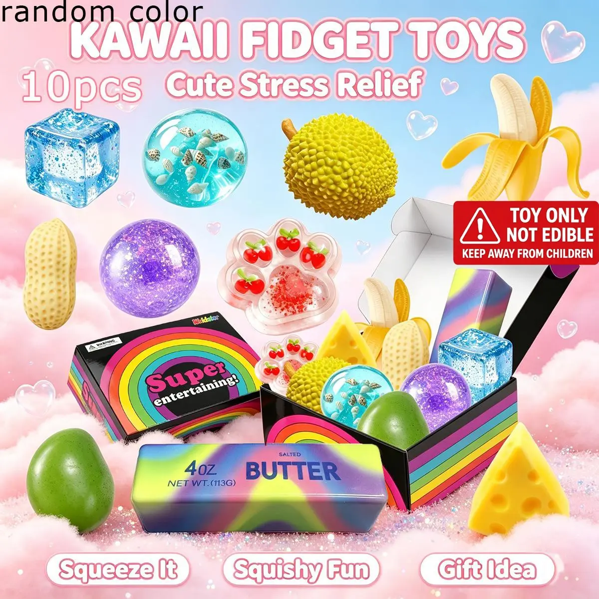 10Pcs Cute Kawaii Squishy Stress Relief Toy Set, Mixed Simulation Fruit & Crystal Jelly Squeeze Fidget Toys, Soft Hand Pinch Decompression Toys, Novelty Anxiety Relief Gift Box for Kids Teens Adults, Squishy Fidgets, Toy Only Not Edible