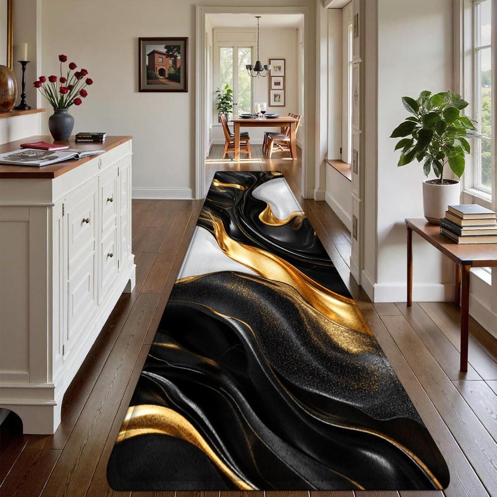 1PC， Black Gold White Fluid Texture Patterned strip rugs, home décor, bathroom mats, entryway mats, bathroom non-slip mats, indoor entrance rugs, bedroom bedside mats, kitchen mats, hallway rugs, flannel sponge rugs, hallway runner rugs