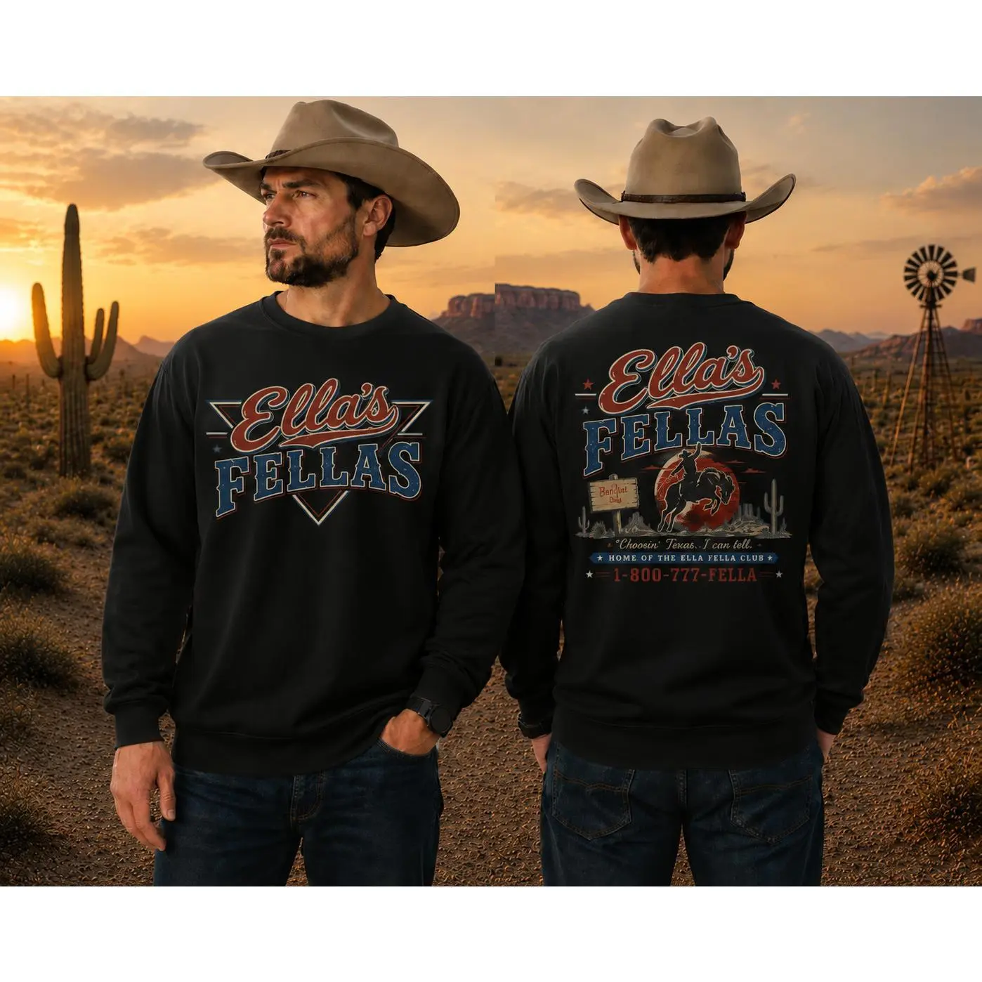 Vintage Ella's Fellas Front And Back Print Crewneck Sweatshirt, Retro Western Texas Cowboy Pullover, Country Music Fan Casual Graphic Sweatshirt Gift