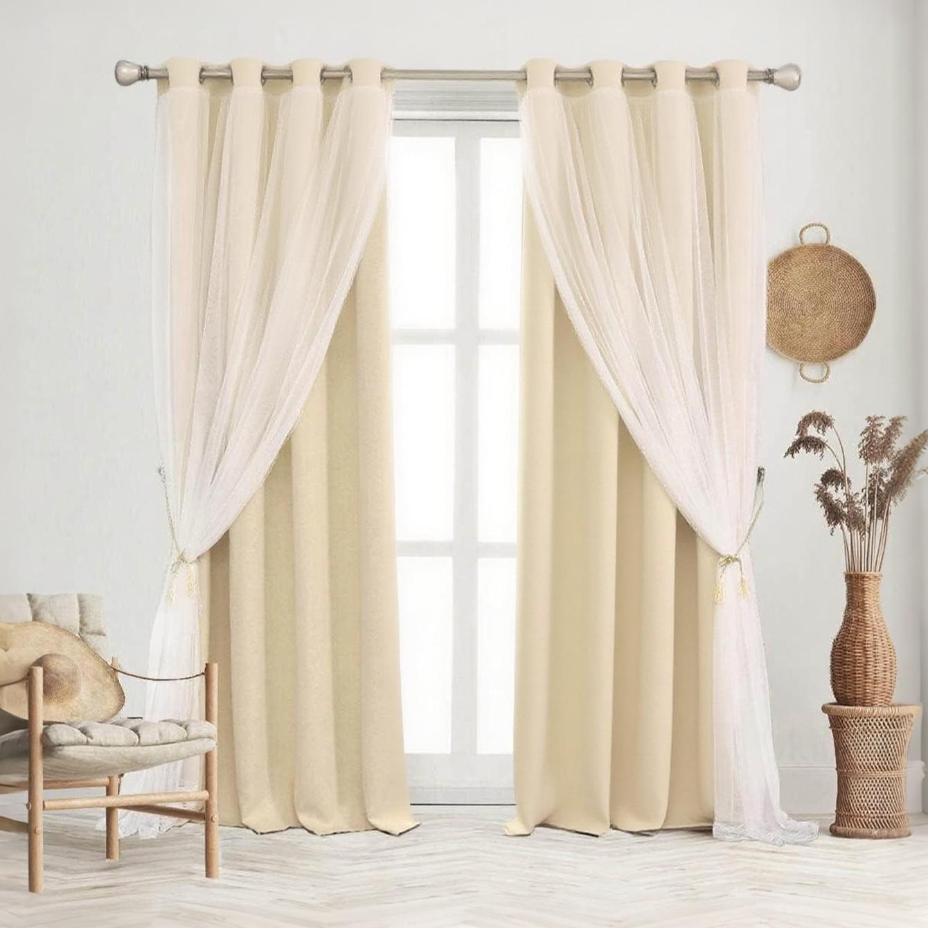2panels Double Layer Blackout Curtain, Pure Color Two-Piece Design, Top Ring Installation, Ideal for Bedroom, Living Room, Party Decor