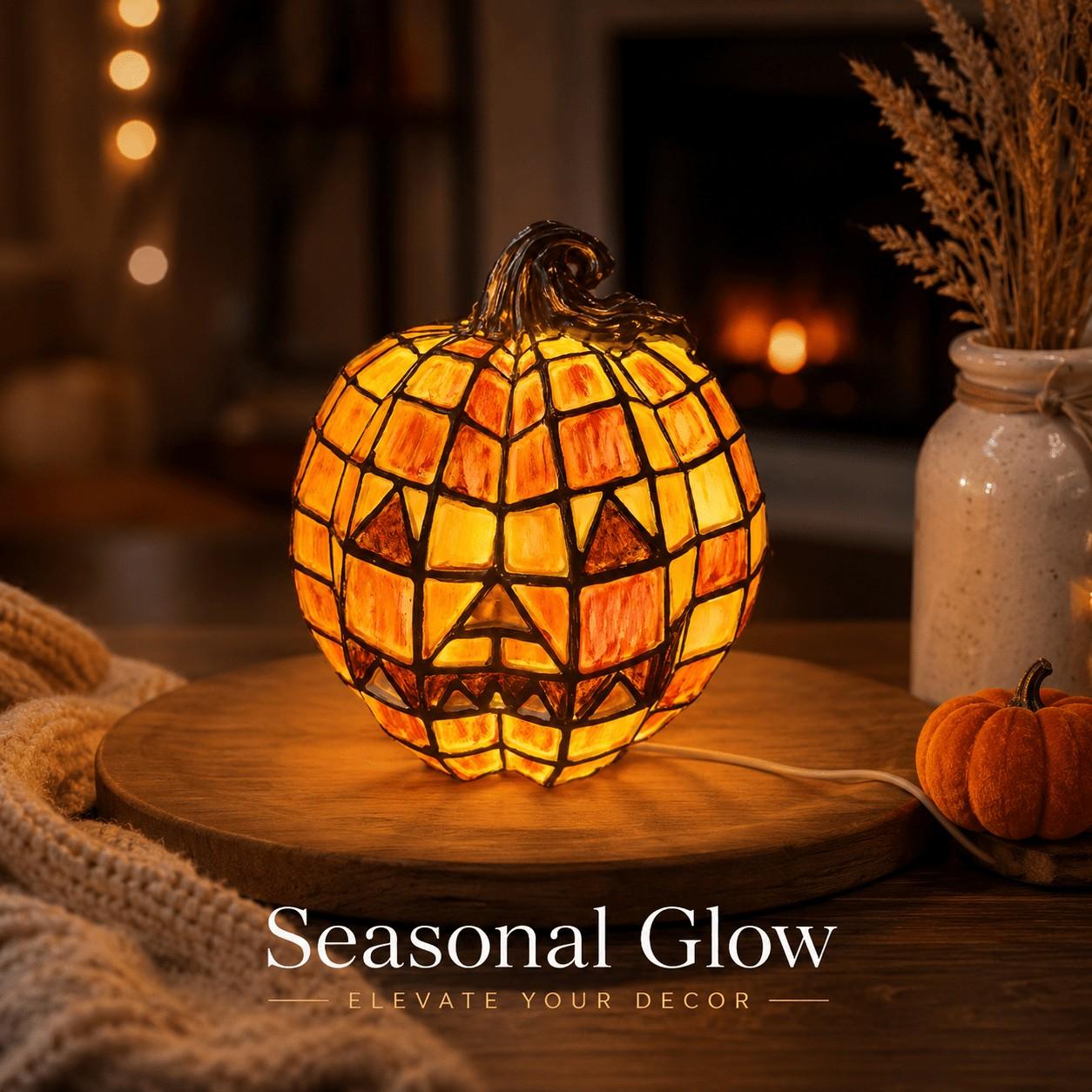 Mosaic Stained‑Glass Pumpkin Lamp Night Light, USB‑Powered Resin Halloween Pumpkin Light, Warm Glow Desktop Ornament, Home Decor for Fireplace & Tabletop in Fall and Thanksgiving, Holiday Gift, Wicked Ornament