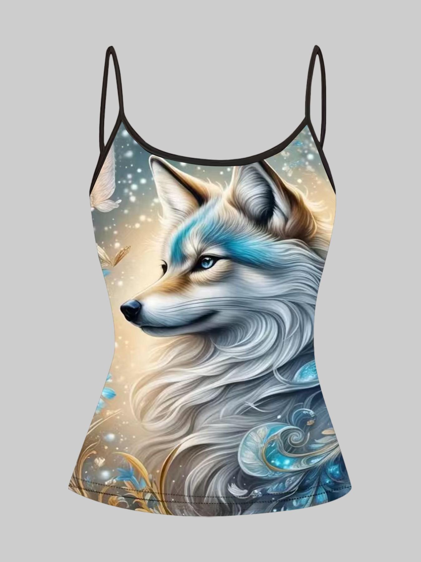 Vibrant Wolf Tiger Phoenix Dreamcatcher Print Adjustable Straps, Casual Sleeveless Top, Home Wear & Outerwear, Slim-Fit, 4-Piece Set