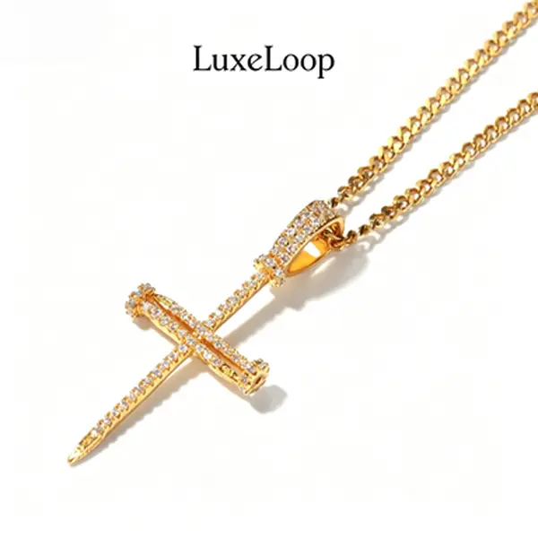 LuxeLoop Nail Cross Iced Out Pendant Neck Chain, Trendy Hip Hop Sparkling Streetwear Jewelry, Dainty Stackable Statement Accessory, Versatile Daily Outfit Layering Piece, Fashion Holiday Birthday Gift,faith,feminine,