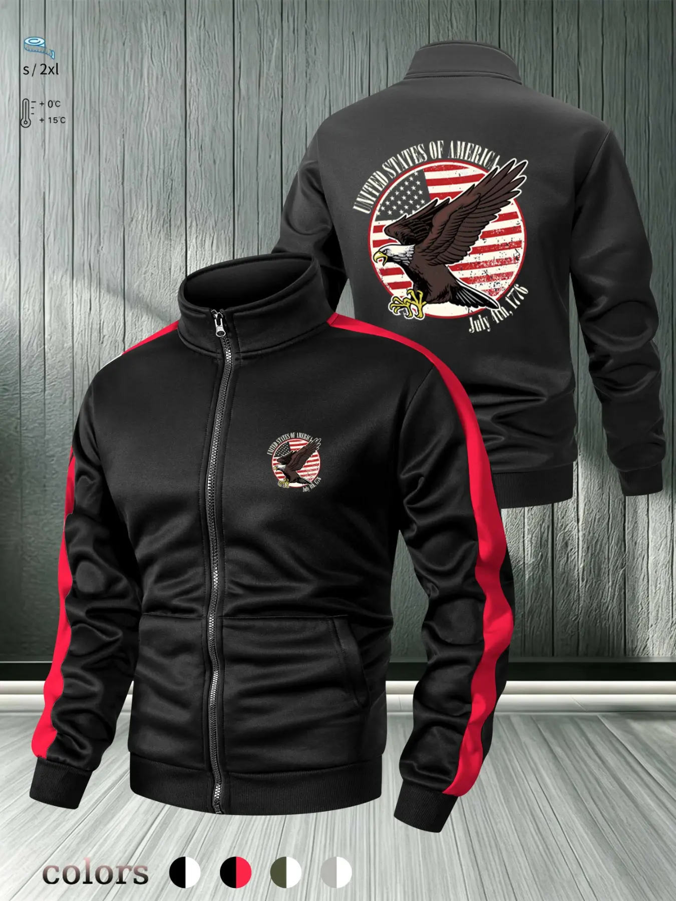 Men's Colorblock Sporty Jacket, American Flag Bald Eagle Pattern, Stand Collar Zipper Outerwear, Loose-Fitting All-Seasons Clothing