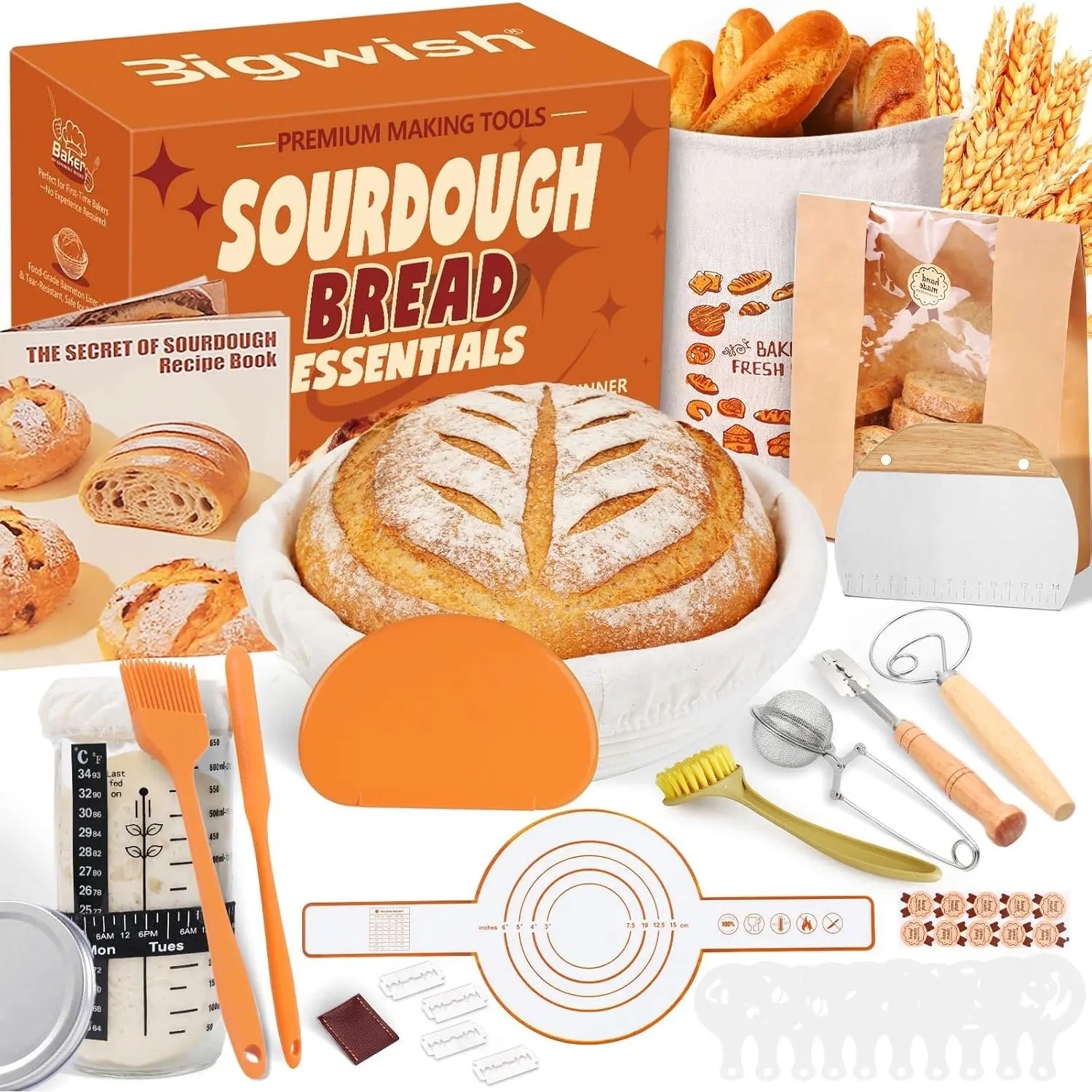 Sourdough Starter Kit with Banneton Proofing Basket, Jar and Baking Tools | Complete sourdough bread making kit with bread lame, scraper, stencil, recipe guide and essential baking supplies