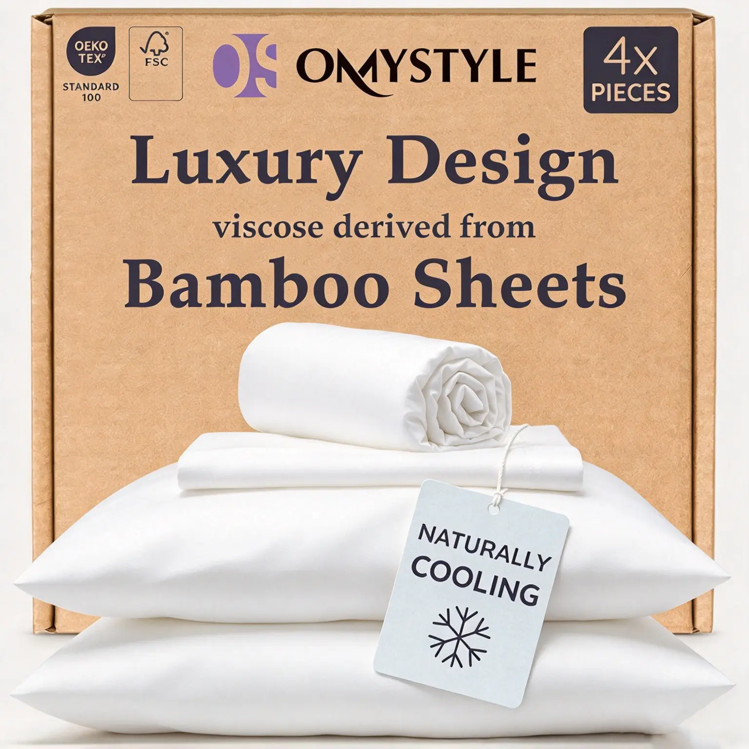 OS OMYSTYLE Bamboo Sheets -Viscose Derived from Bamboo Sheets - Cooling Sheets King Size Deep Pocket Fits Up to 16'' with Elastic Corner Straps - Super Soft