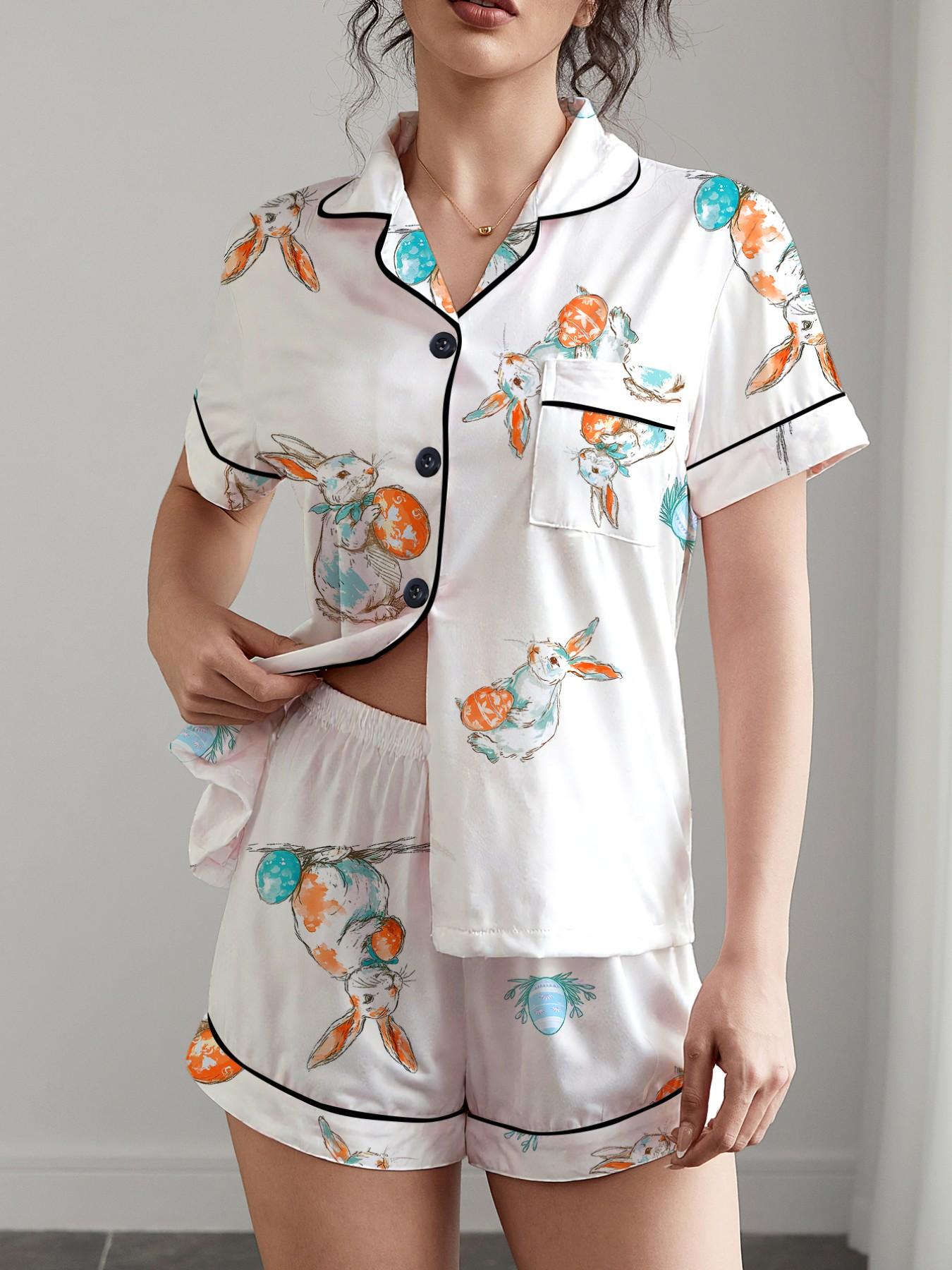 Easter 2 Piece Women's Pajama Set with Rabbit and Egg Print, Short Sleeve Button-Up Top and Loose Stretch Shorts, Casual Comfortable Sleepwear for Holidays and Everyday Wear