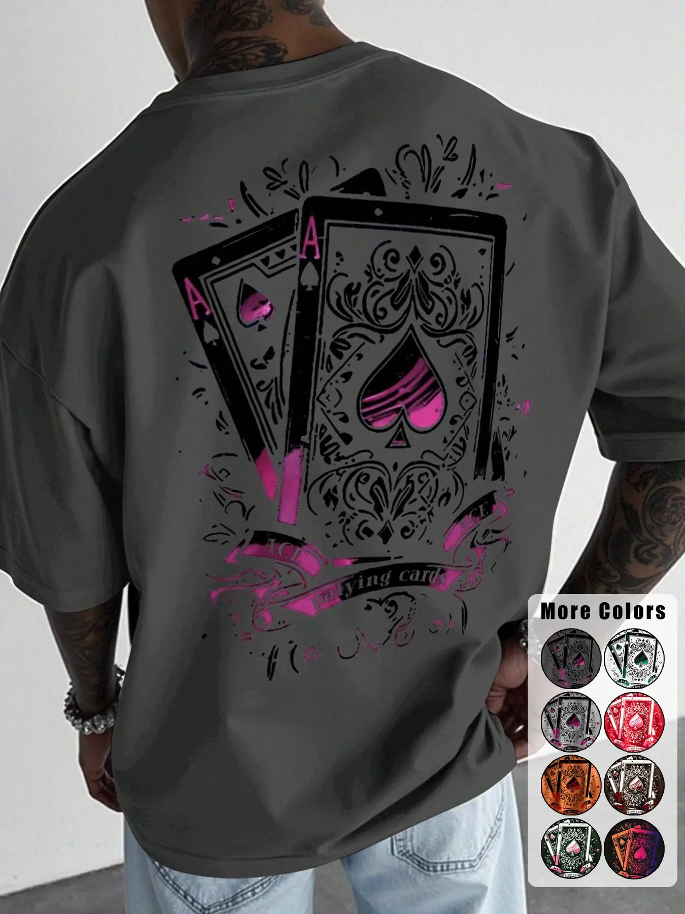 Men's Short Sleeve T-Shirt, Poker Card Pattern, Summer Casual Daily Wear, Graphic Print, Fitted H-Type, Long Clothing Length