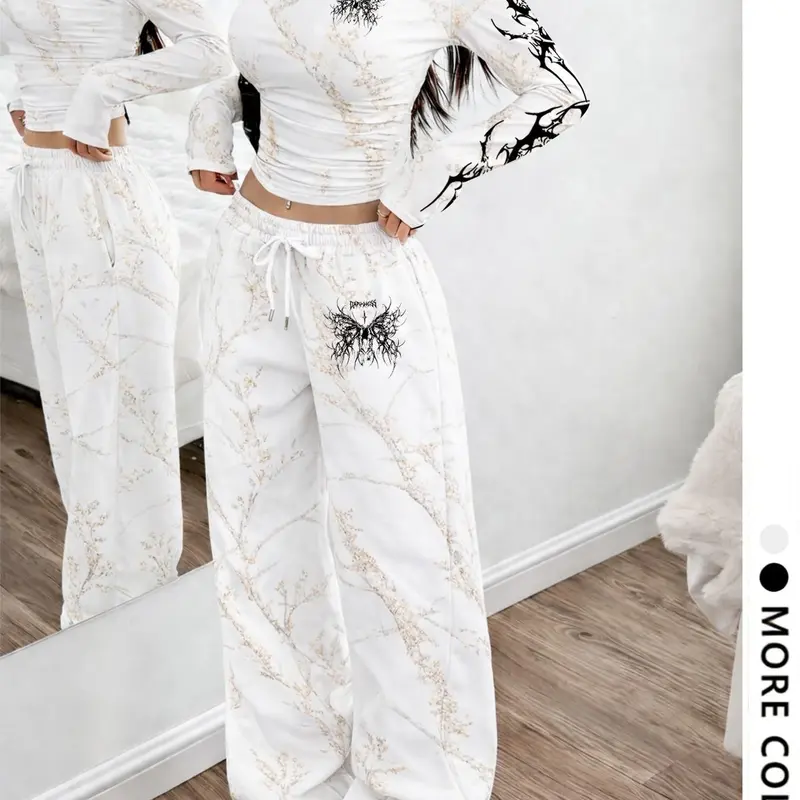 Women's Two-Piece Set, Round Neck Long Sleeve Top, Straight Leg Pants, Plant Print, Adjustable Drawstring Design, Comfortable Fabric, Casual Outfit, Two Pieces Outfits