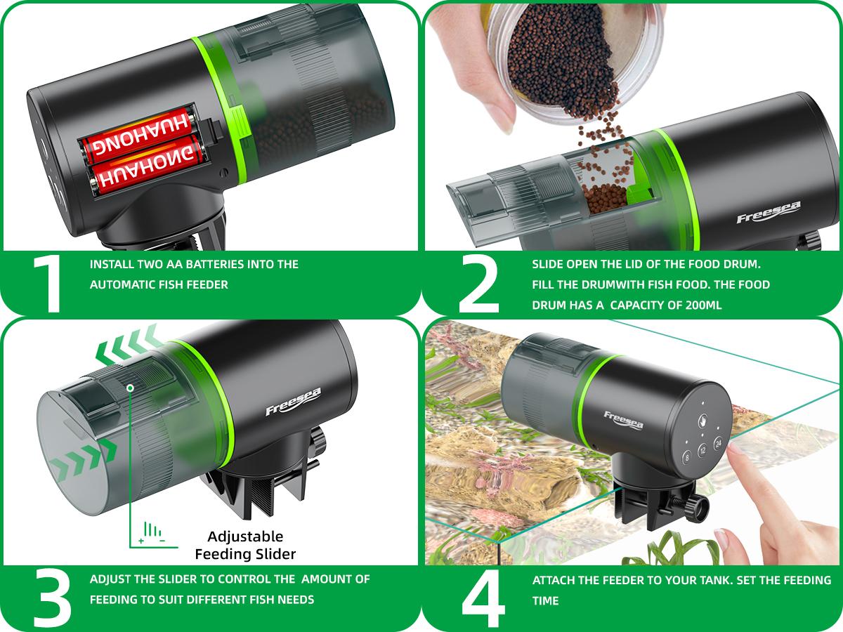 FREESEA Automatic Fish Feeder for Aquarium: Auto Fish Food Dispenser with Timer for Small Tank Betta Turtle - Battery Vacation Self Feeding for Flakes
