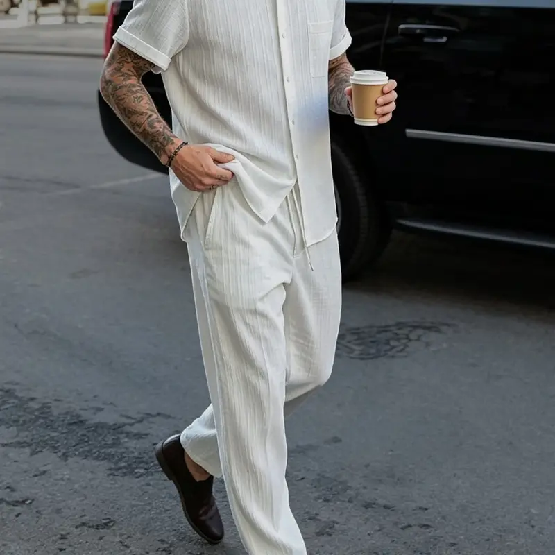 Men's Plain Short-Sleeve Top & Pants Set, Comfy Top & Trousers Set, Sleepwear for Summer, Casual Pajamas Outfit, Casual Lounge Wear, Pj Set