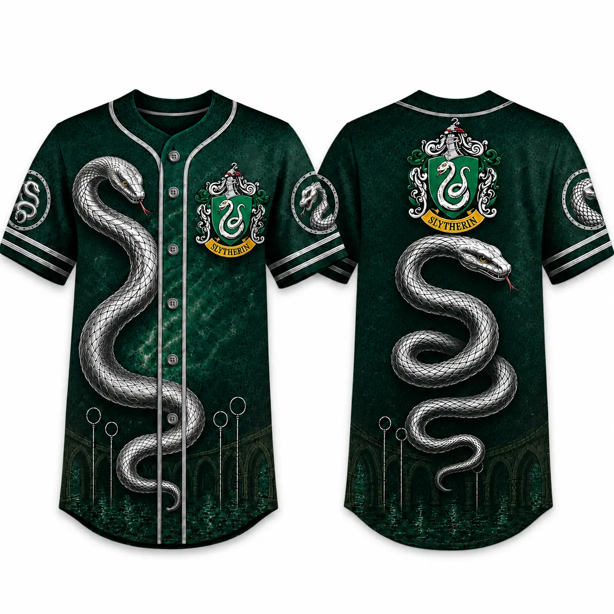 Harry Potter Slytherin Baseball Jersey Shirt, Snake Crest Button Down Short Sleeve Graphic Top, Hogwarts House Quidditch Game Day Unisex Streetwear Outfit