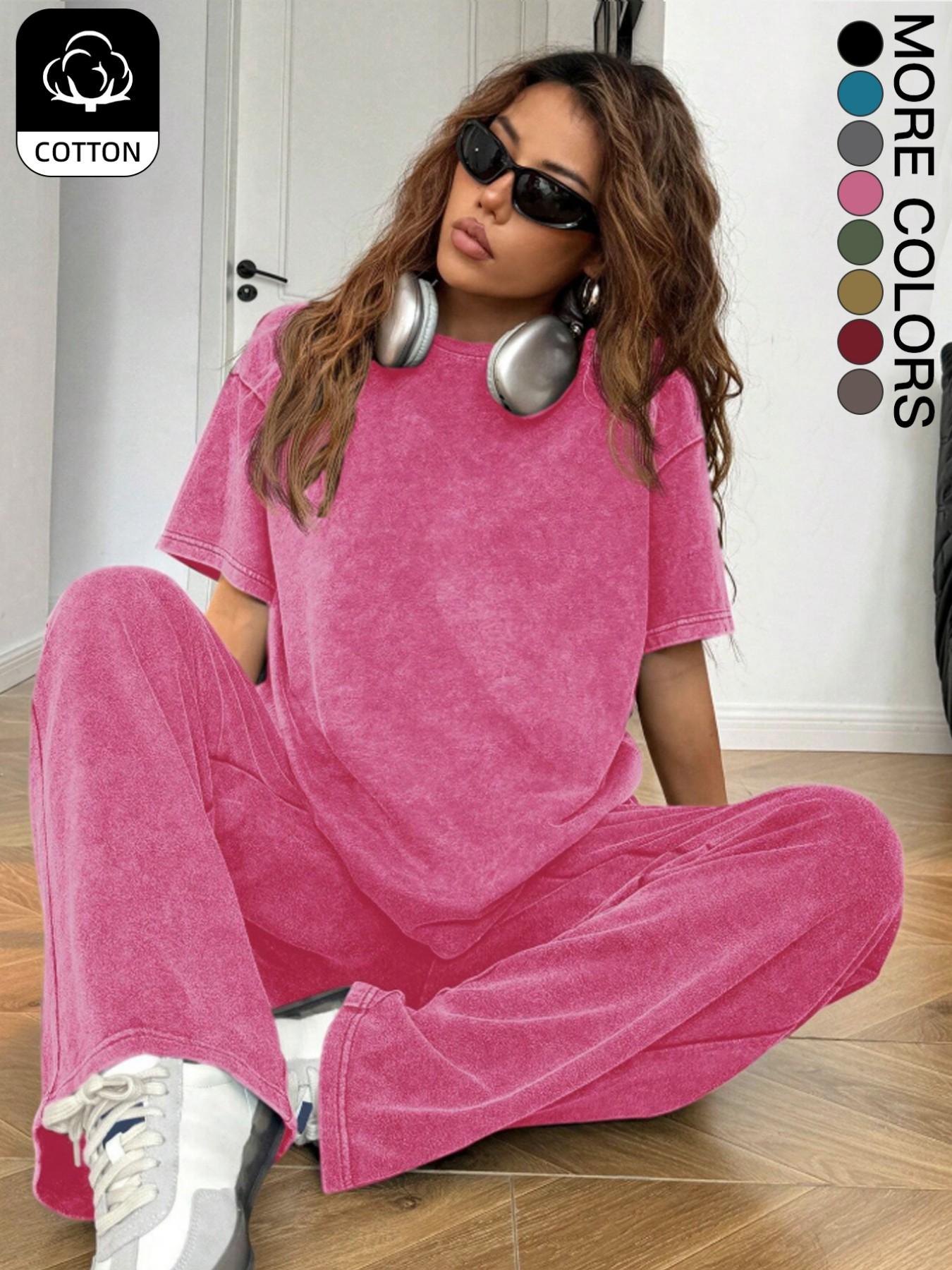 Women's Casual Everyday Acid-Wash Vintage Street-Style Soft Cotton Two-Piece Set, Loose-Fit Round-Neck Short-Sleeve T-Shirt and Wide-Leg Pants
