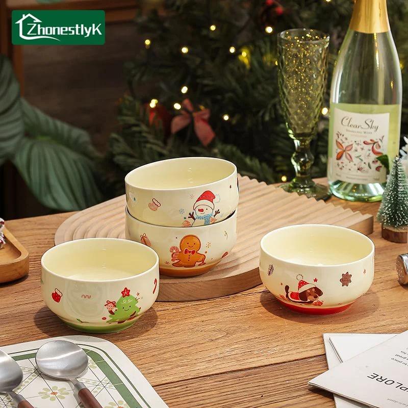 4Pcs Cute Snowman Christmas Tree Ceramic Bowl Kawaii Soup Bowl Home Kitchen Noodle Ramen Tableware Bowl Christmas Gift Kitchen Bowls