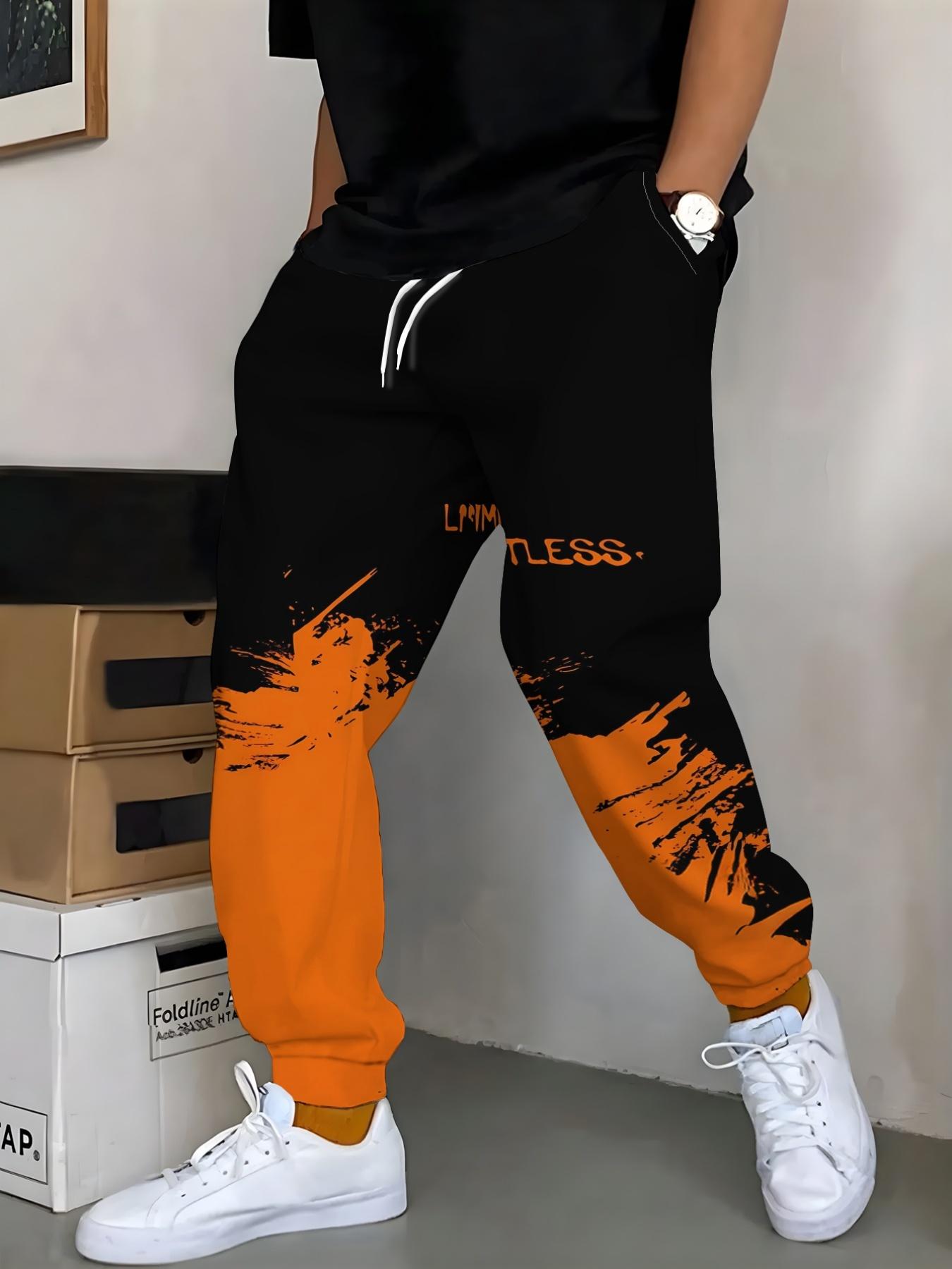 Stylish Men's Printed Track Pants with Gradient Orange Print, Drawstring and Pockets. Comfortable and Casual, Made of Stretch Polyester.