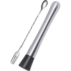 10 Inch Stainless Steel Muddler for Cocktail and 10 Inch Mixing Bar Spoon, 2 Pices Home Bar Tool Set