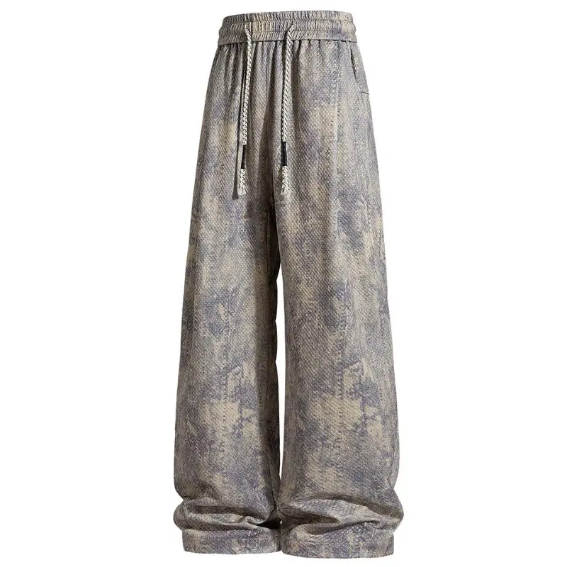 Vintage faded tie‑dye wide‑leg sweatpants, elastic waistband with thick braided drawstrings, side slip pockets, textured fabric, loose baggy floor‑length silhouette, streetwear casual loose trousers for daily styling#sohochic