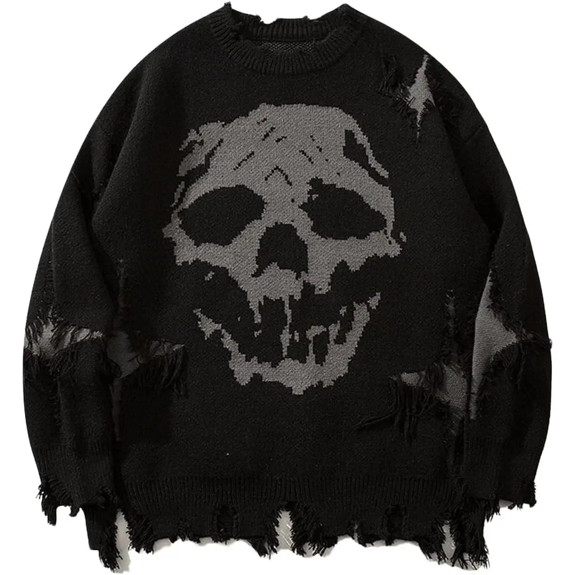 Men's Sweater Skull Graphic Gothic Distressed Crewneck Long Sleeve Knit Tops Fall Clothes