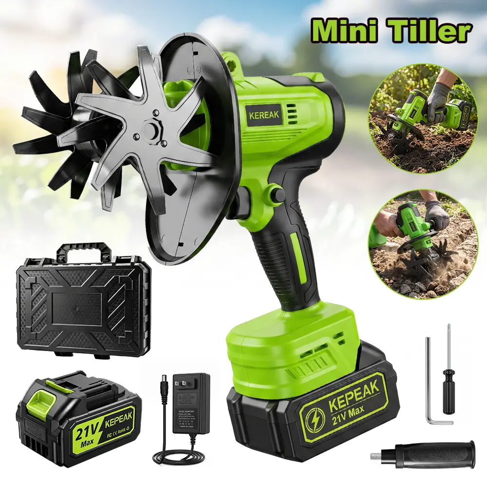 Handheld Cordless Cultivator - Anti-Vibra. Dual-Grip Electric Garden Rototiller with 330 RPM, 10-Cell Lithium 1300mAh Battery & Charger, Steel Tines, Inches Width for Soil Prep, Lawn Care