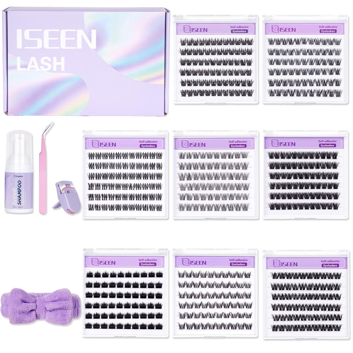 8 Styles Self-Adhesive Lash Cluster Kit, Press On Lashes with Lash Cleansing Shampoo, Tweezers and Headband, Natural Look No Glue Cluster Lashes, Ultra-Thin Lightweight for Beginners